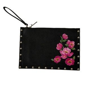 White House Black Market Black Clutch with Pink Floral Design
